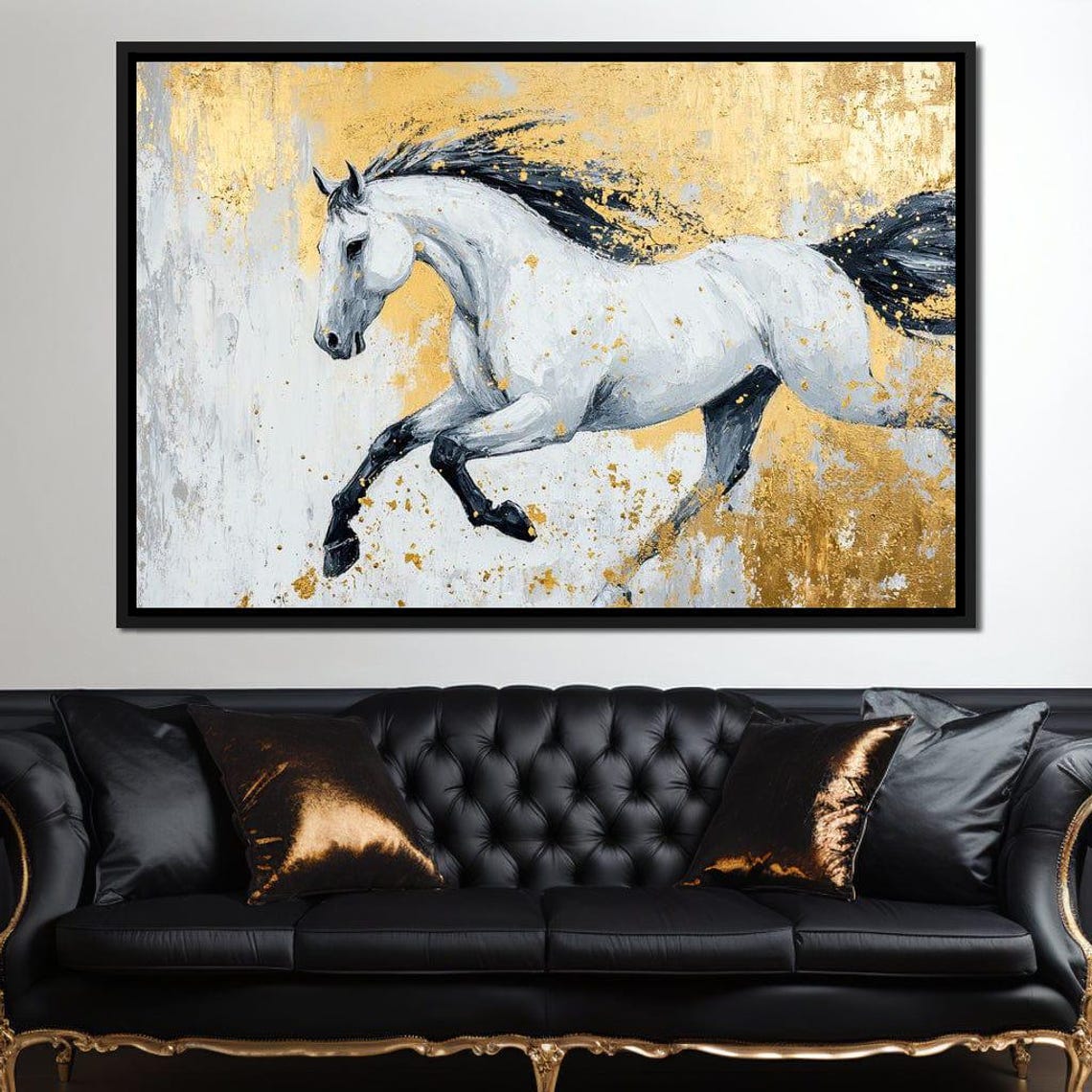 White Horse Galloping Gold Splatter Abstract Equine Modern Poster - Image 3