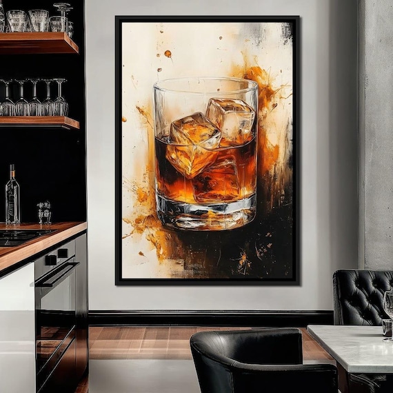 Whiskey on the Rocks Glass With Warm Amber Paint Splashes Poster