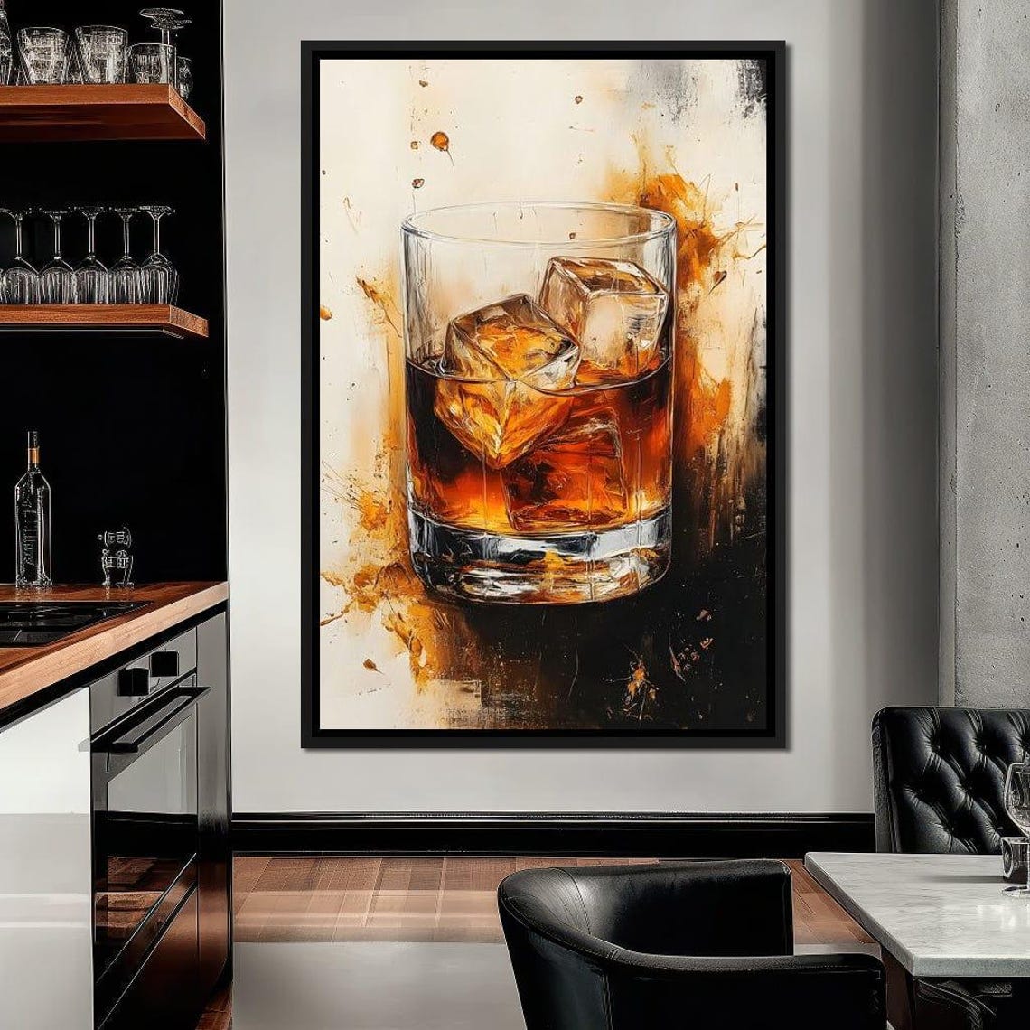 Whiskey on the Rocks Glass With Warm Amber Paint Splashes Poster