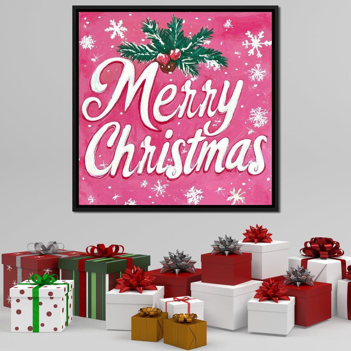 Merry Christmas Pink Script Sign Snowy Pine Snowflakes Art Poster - Image 4