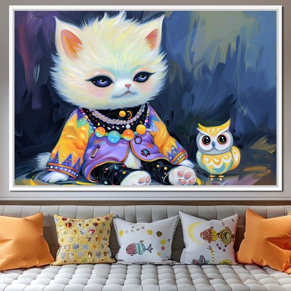 Whimsical Kitten Owl Friends Purple Night Sky Kids Room Art Print