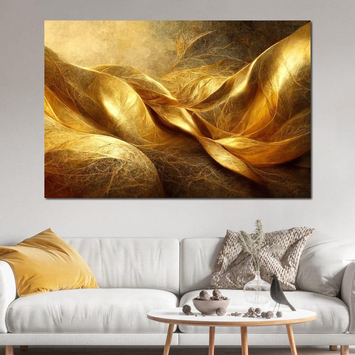 Golden Silk Fabric Waves Five Panel Luxe Abstract Wall Art Poster - Image 4