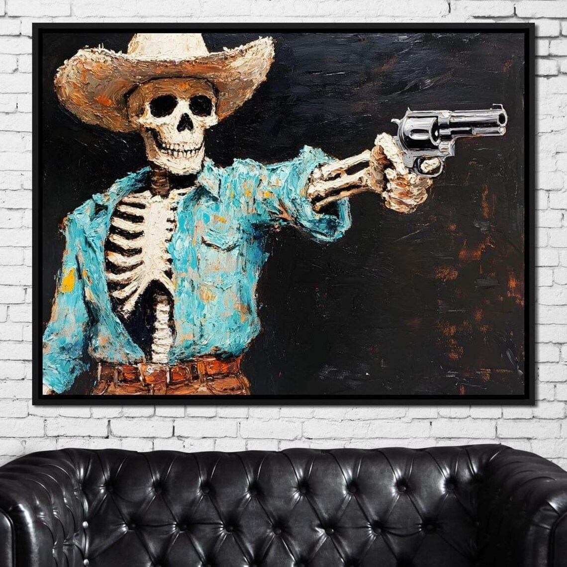 Skeleton Cowboy Denim Shirt Revolver Black Background Western Gothic Wall Print - Image 4
