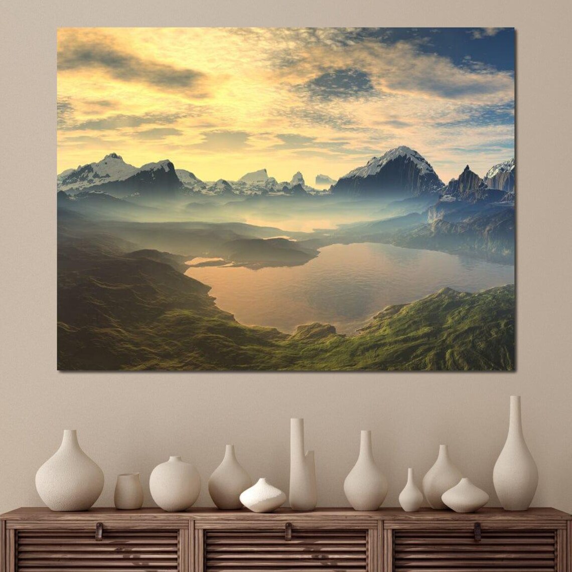 Golden Sunrise Mountain Lake Snow Peaks Misty Landscape Travel Poster - Image 4