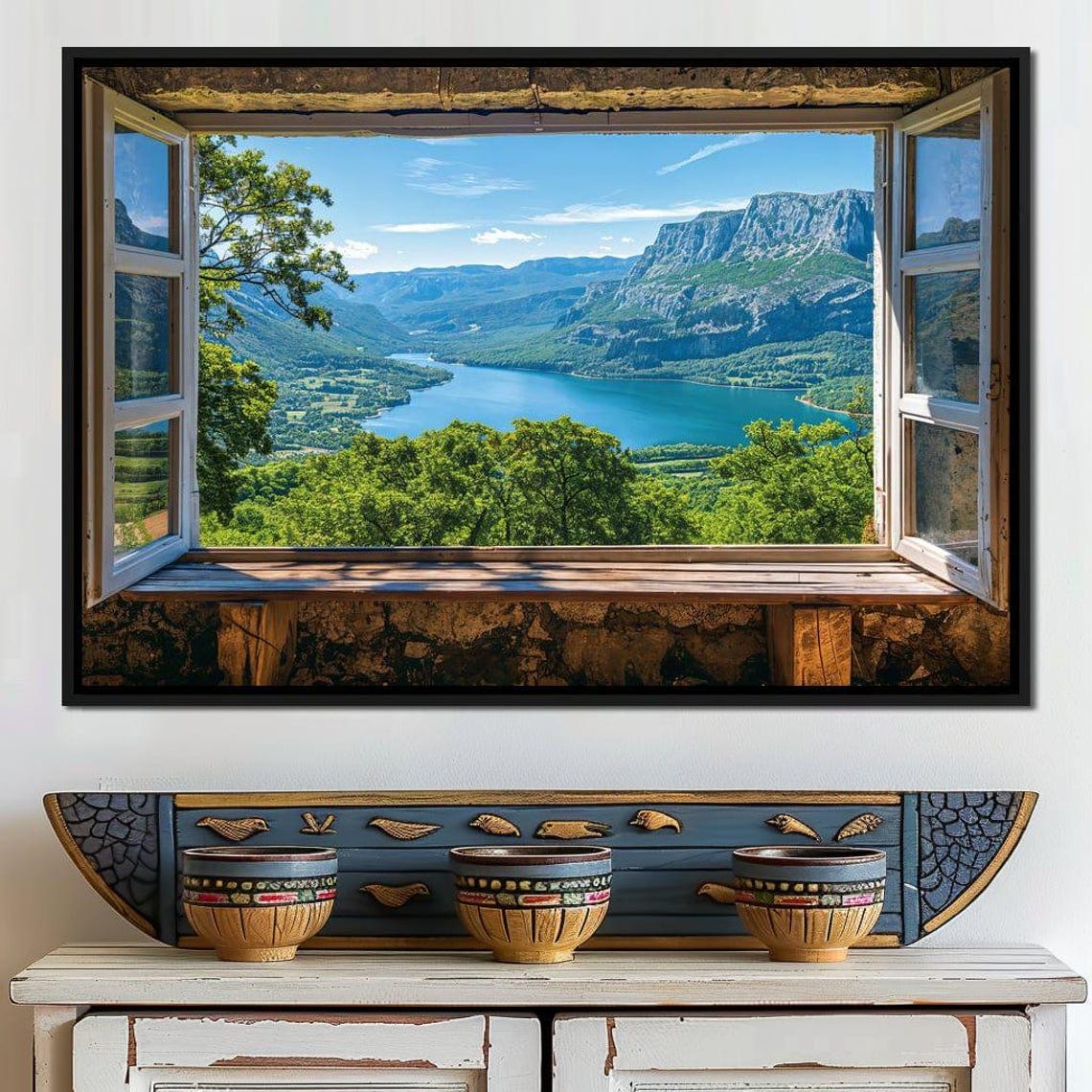 Valley River View Open Window Illusion Green Cliffs Lake Wall Poster - Image 4