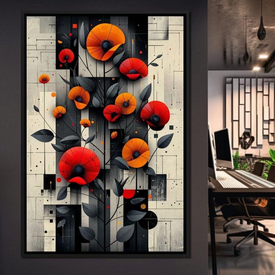 Red Orange Poppy Blooms Geometric Monochrome Floral Art Poster
