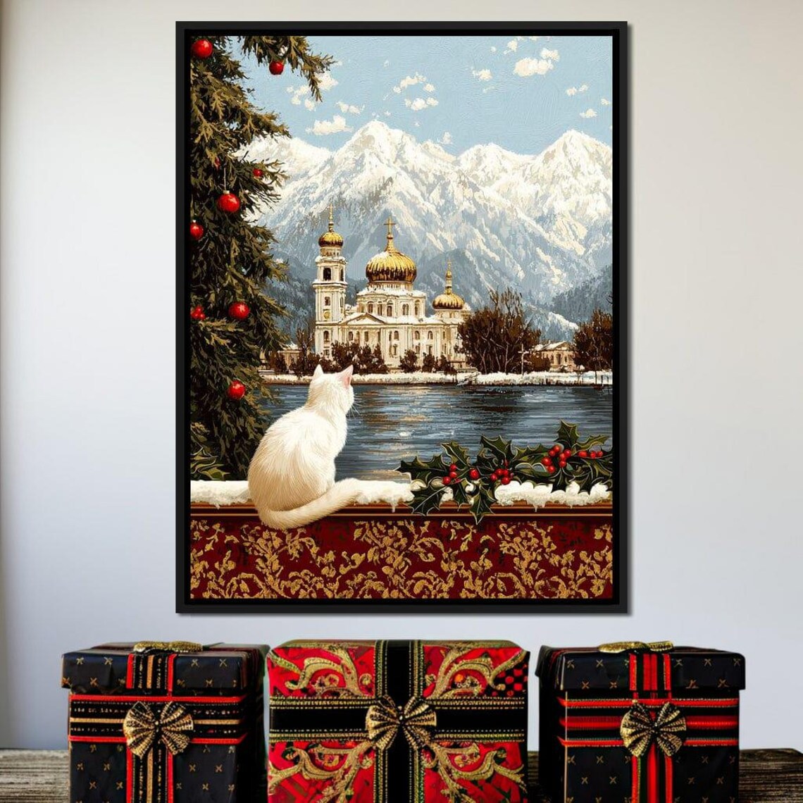White Cat Gazing At Golden Domed Church By Snowy Lake Winter Poster - Image 3