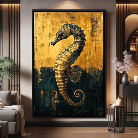 Golden Tide Seahorse Symphony Ocean Decor Nautical Theme Gold Seahorse Home Decor Art By Nichecanvas