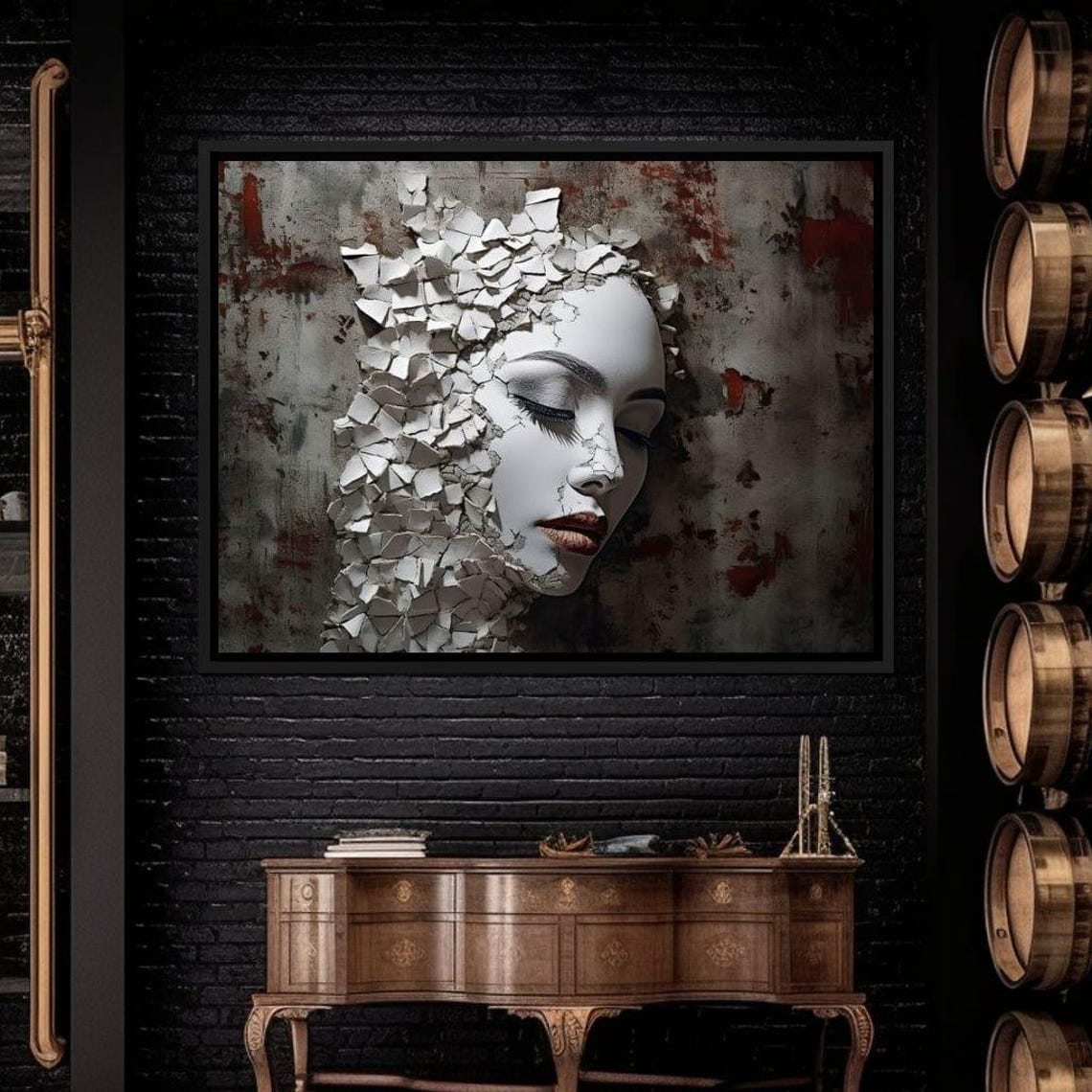 Shattered Porcelain Face 3D Surreal Cracked Mask Wall Art Poster - Image 2