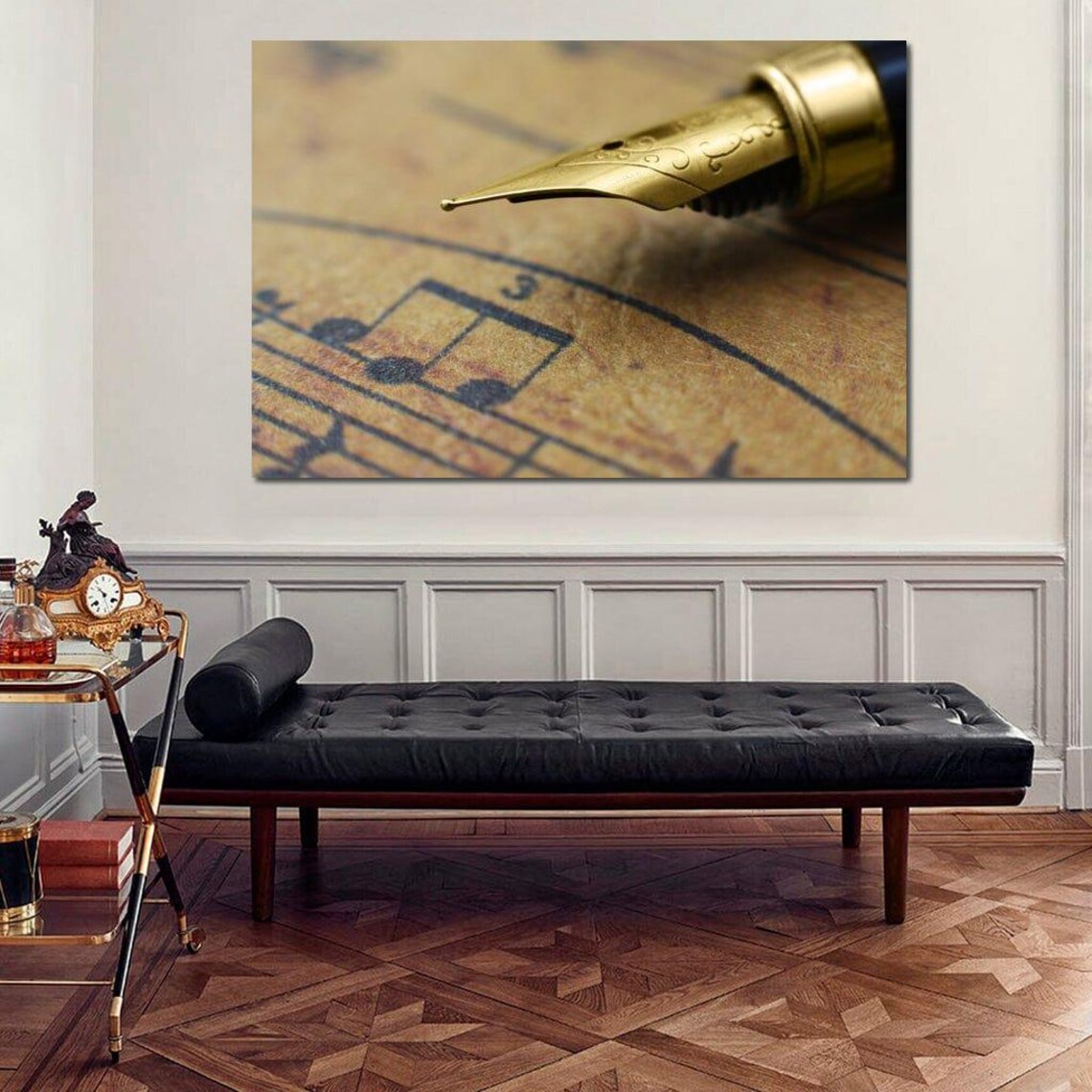 Golden Fountain Pen Nib over Vintage Sheet Music Elegant Office Art Poster - Image 3