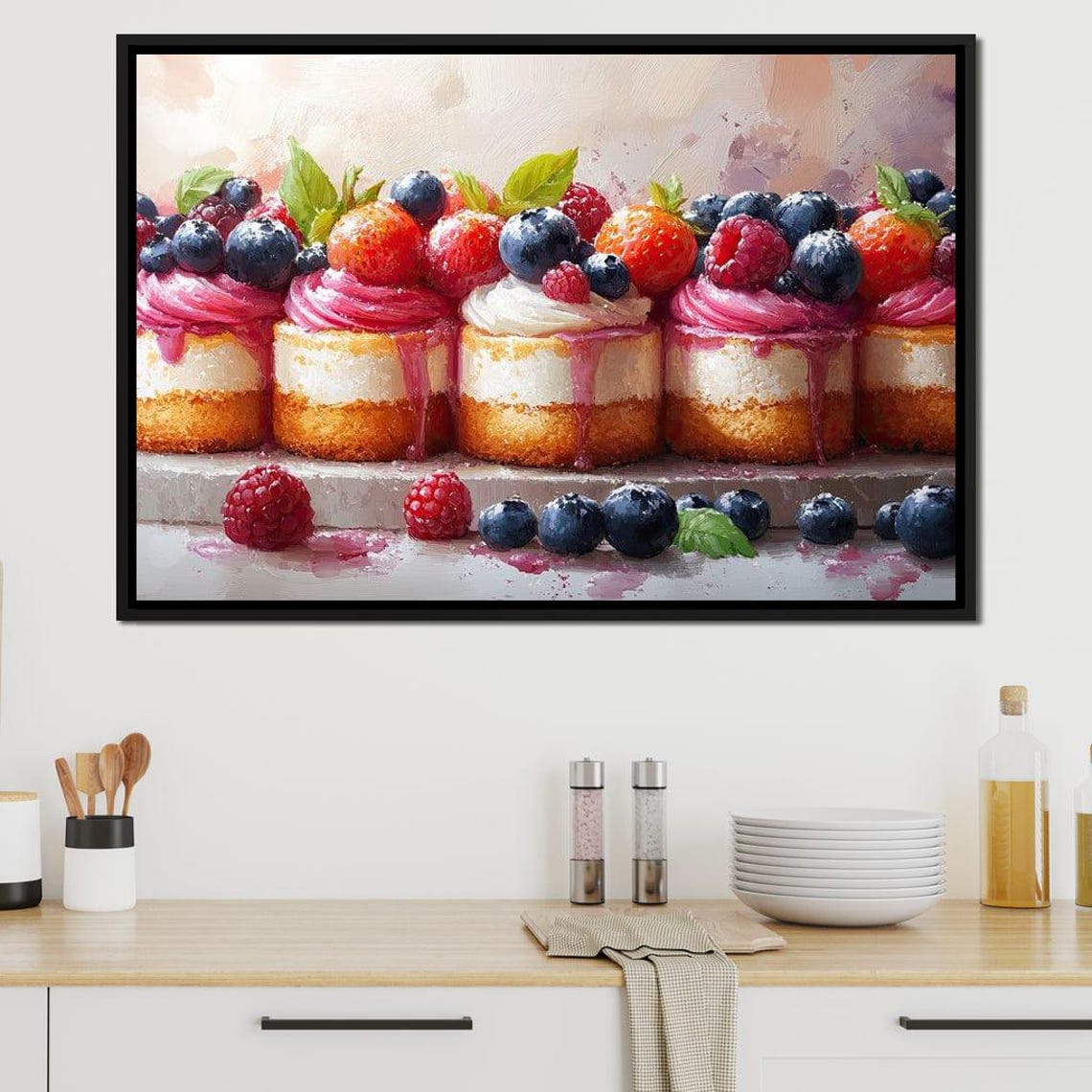 Berry Topped Mini Cakes Pink Frosting Dessert Bakery Kitchen Wall Art - Image 4