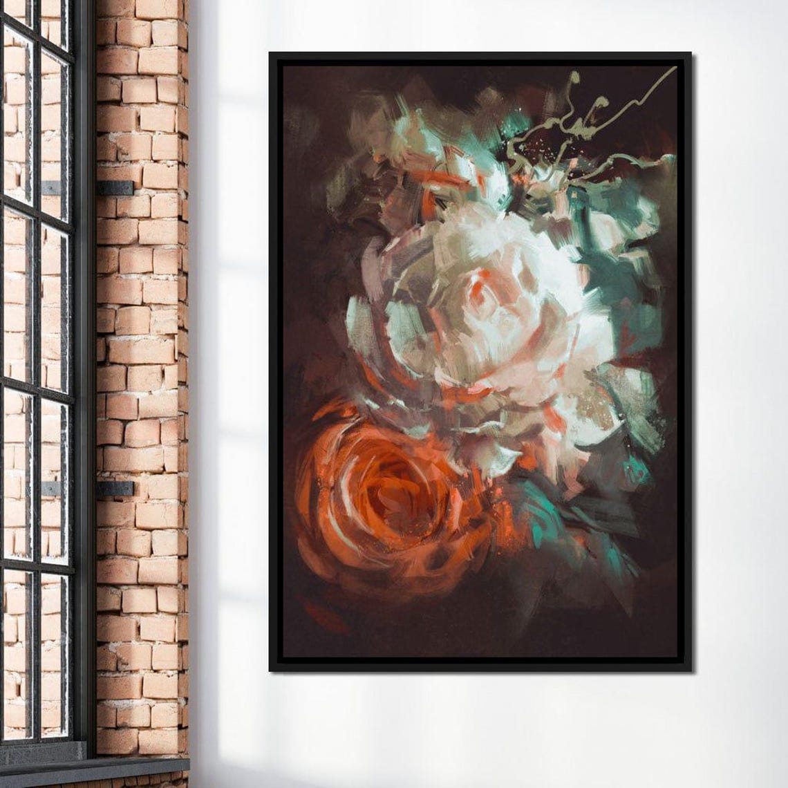 White Orange Roses Dark Moisture Impressionist Floral Poster