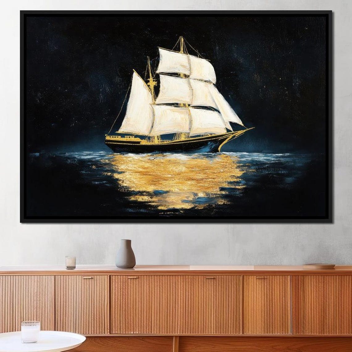 Sailing Ship At Night Golden Reflection Moonlit Ocean Poster - Image 2