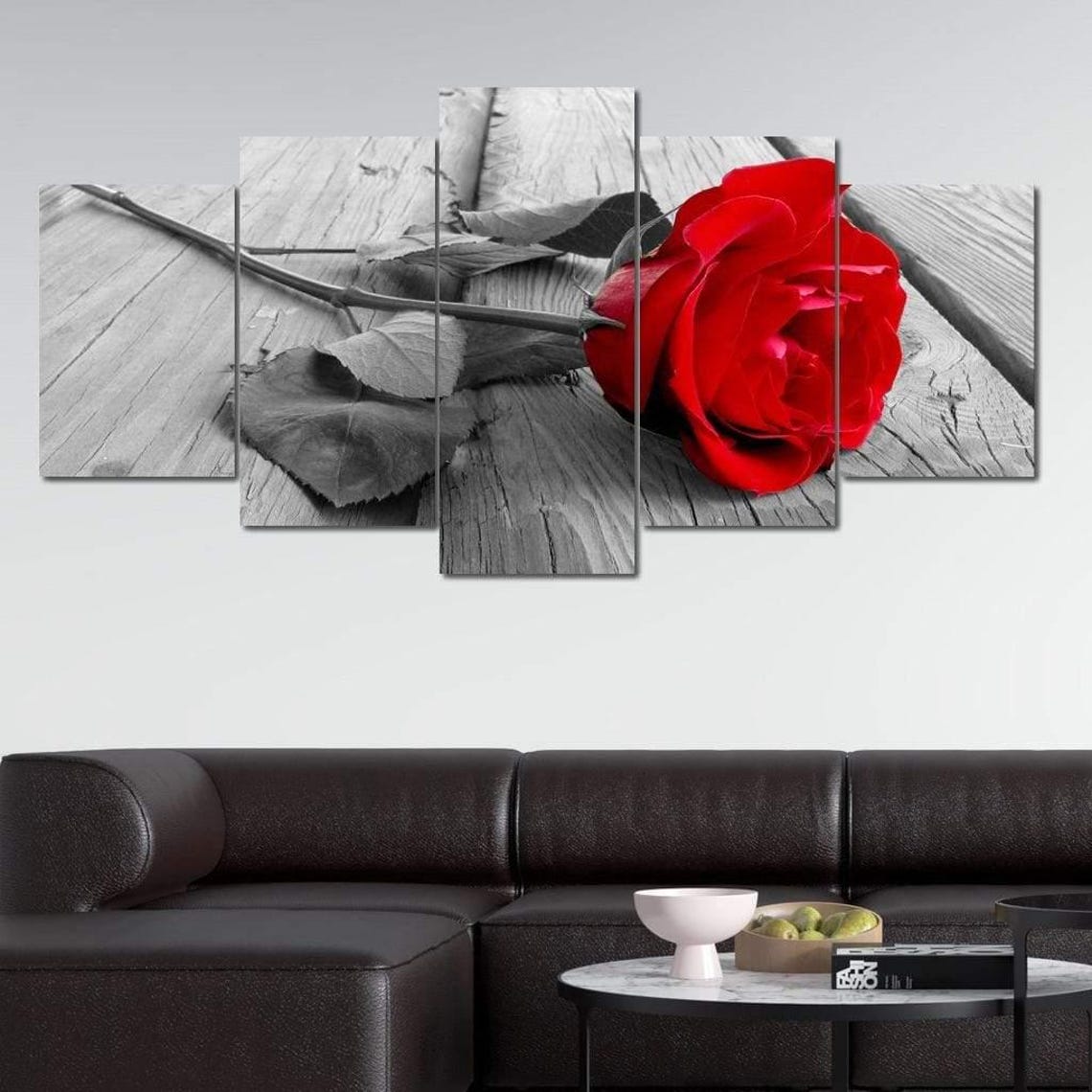 Single Red Rose Black White Rustic Wood Selective Color Art Poster