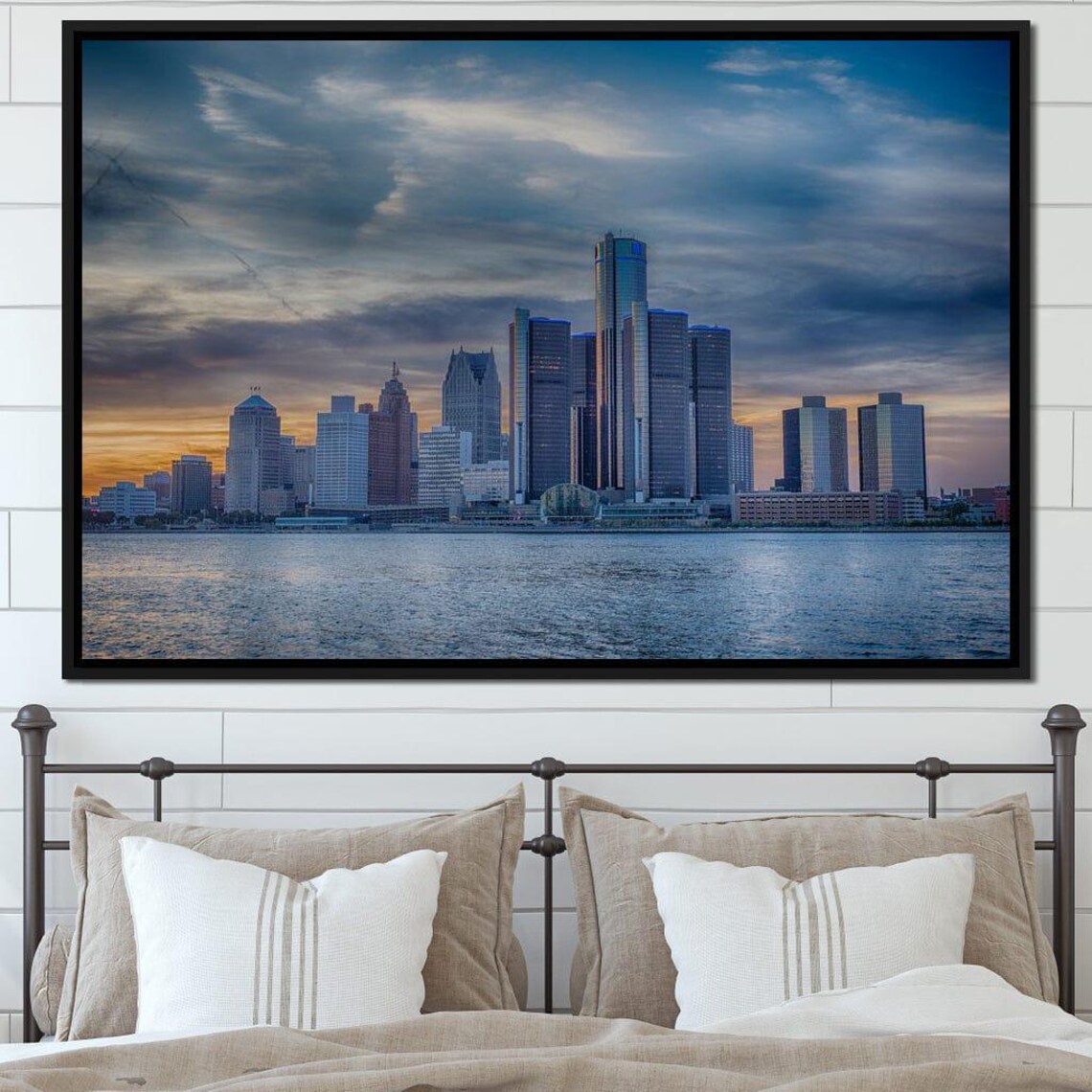 Detroit Michigan Skyline At Sunset Over Water Cityscape Art Poster