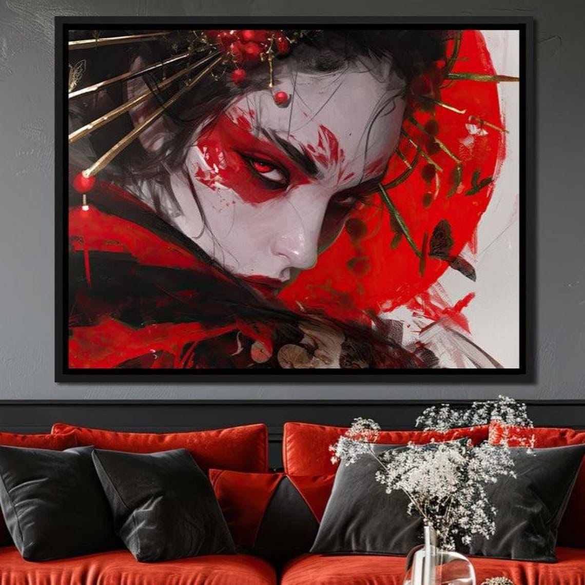 Fiery Geisha Warrior Face Bold Red Kabuki Makeup Dramatic Art Poster