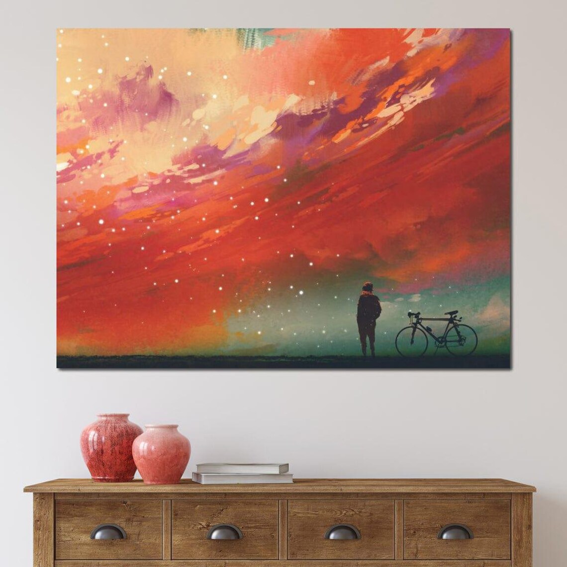 Silhouette Person With Bicycle Under Fiery Red Starry Sky Art Poster - Image 4