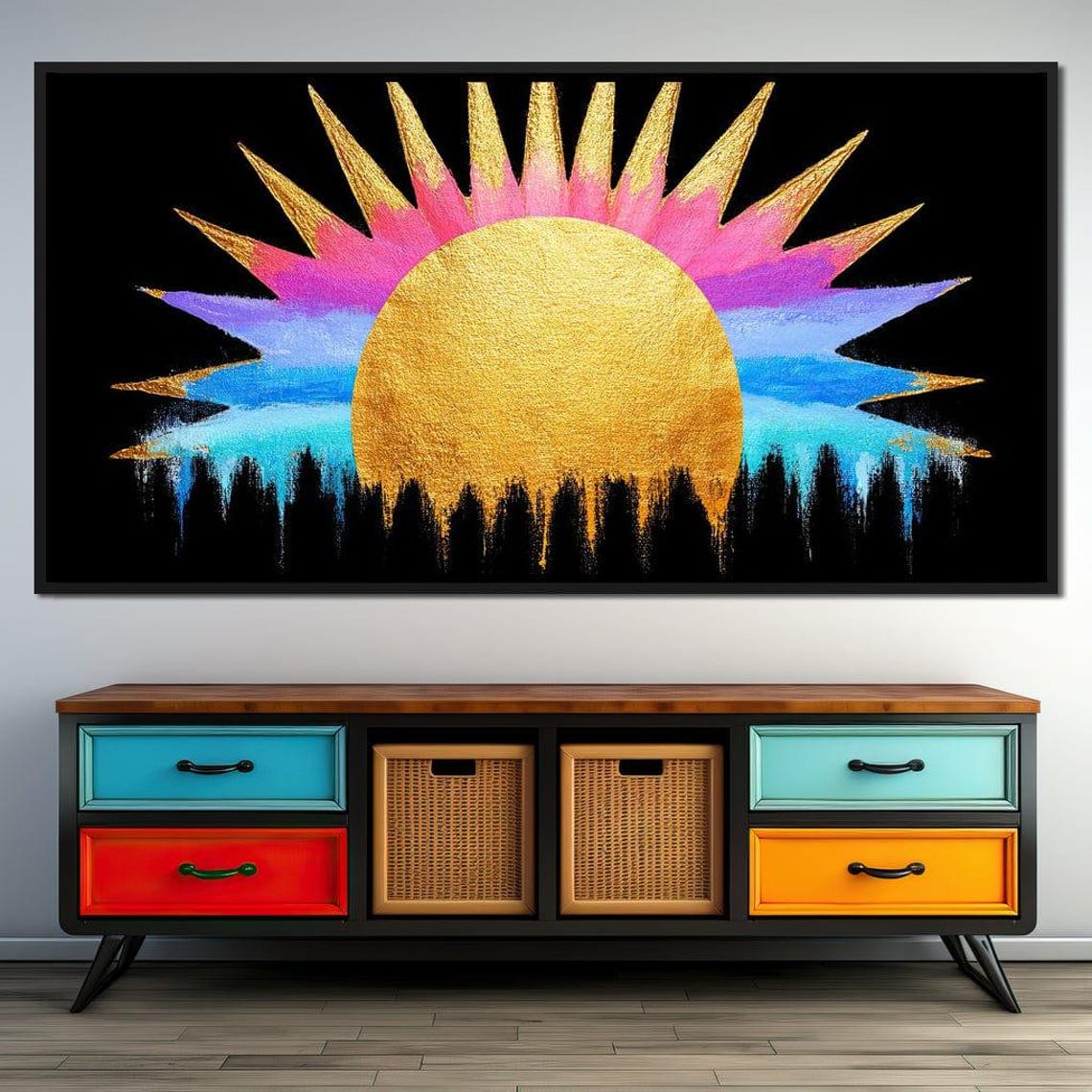 Golden Sun Rainbow Rays Black Forest Silhouette Bold Modern Print - Image 3
