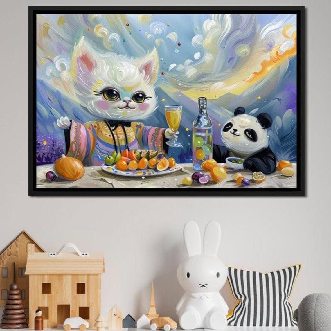 Cute White Kitten Panda Feast Party Whimsical Kids Room Wall Art Poster