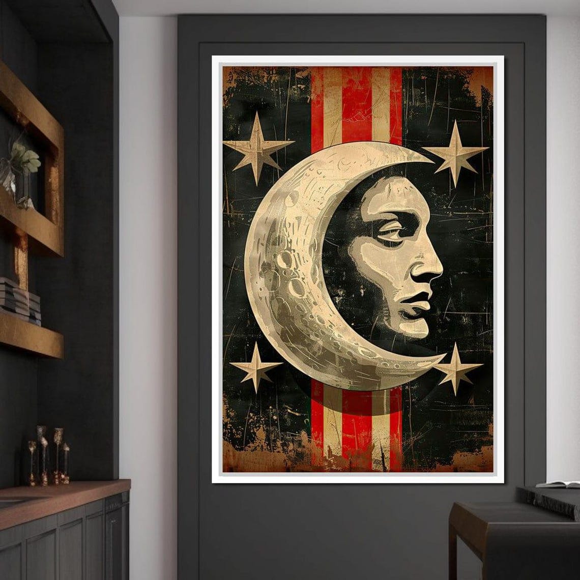 Vintage Celestial Crescent Moon Face Stars Mystical Wall Art - Image 4