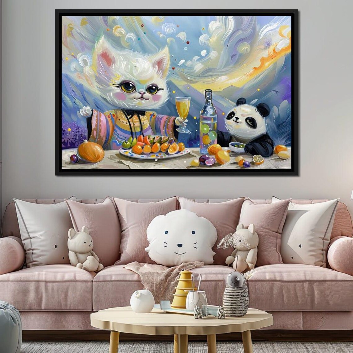 Cute White Kitten Panda Feast Party Whimsical Kids Room Wall Art Poster - Image 2
