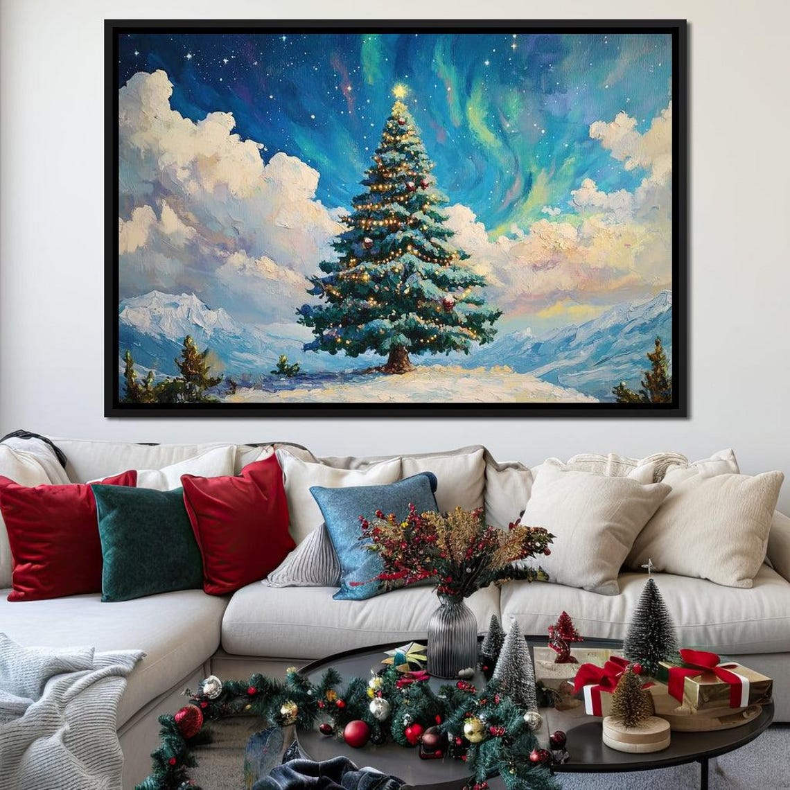 Aurora Borealis Over Snowy Christmas Tree Winter Night Lights Poster - Image 2