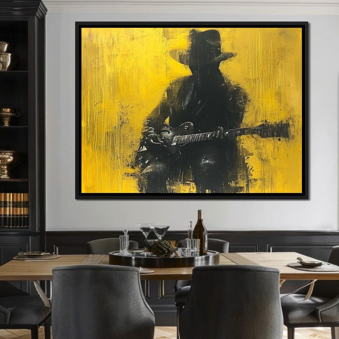 Golden Melody Silhouette Guitar Art Print, Music Decor - Image 2