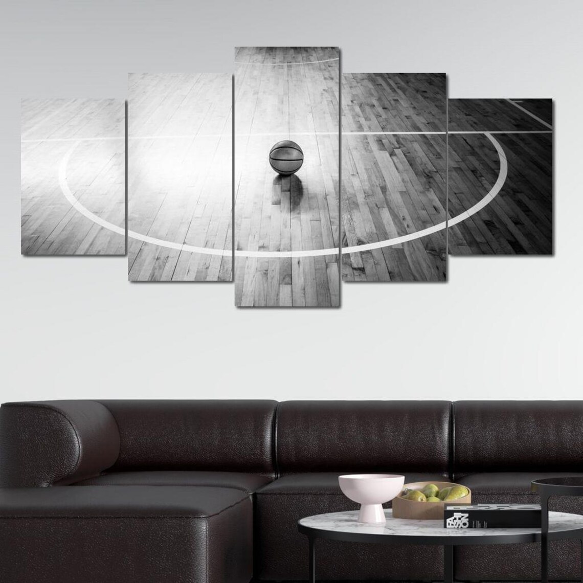 Basketball On Hardwood Court Black And White Five Panel Sports Wall Poster