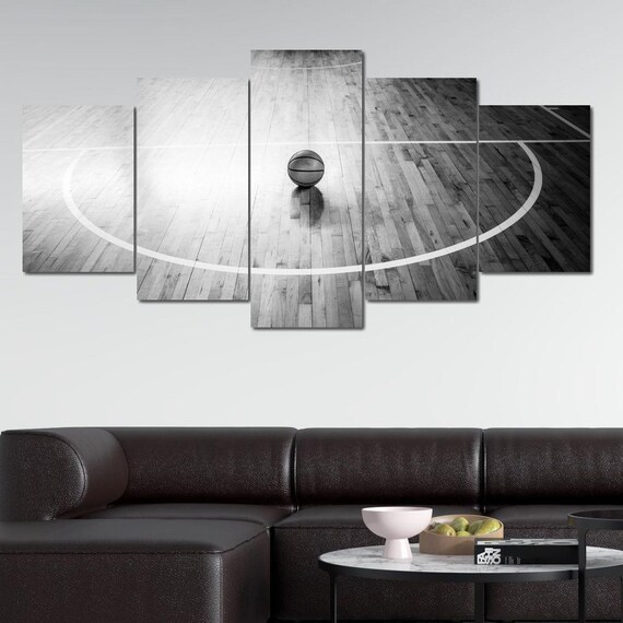 Basketball On Hardwood Court Black And White Five Panel Sports Wall Poster
