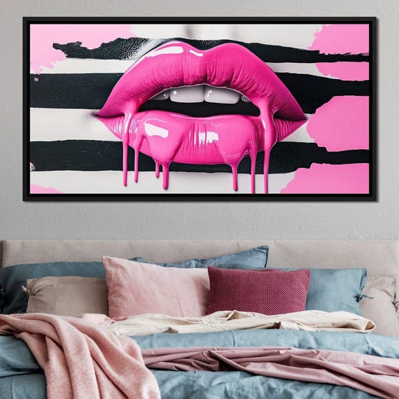 Luscious Pink Tantalizing Lips Vibrant Pop Art Modern Glamorous Home Decor Bold Stylish Wall Art Makeup Theme By Nichecanvas