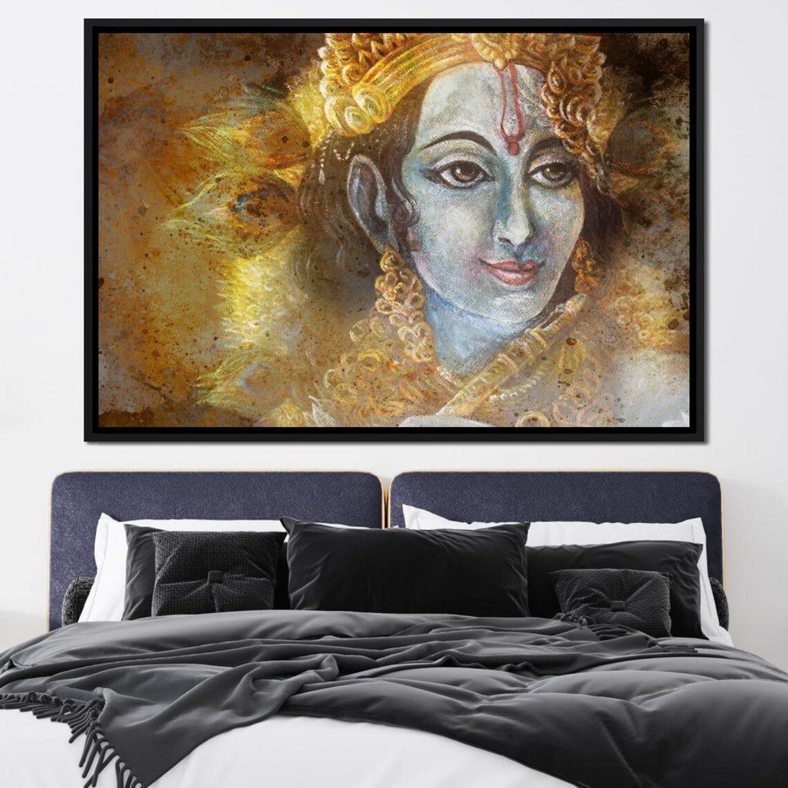 Lord Krishna Divine Portrait Golden Indian Spiritual Deity Wall Poster - Image 2