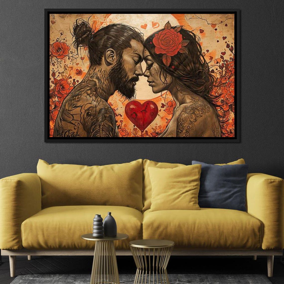 Tattooed Couple Romantic Embrace Red Heart Floral Love Art Print - Image 2