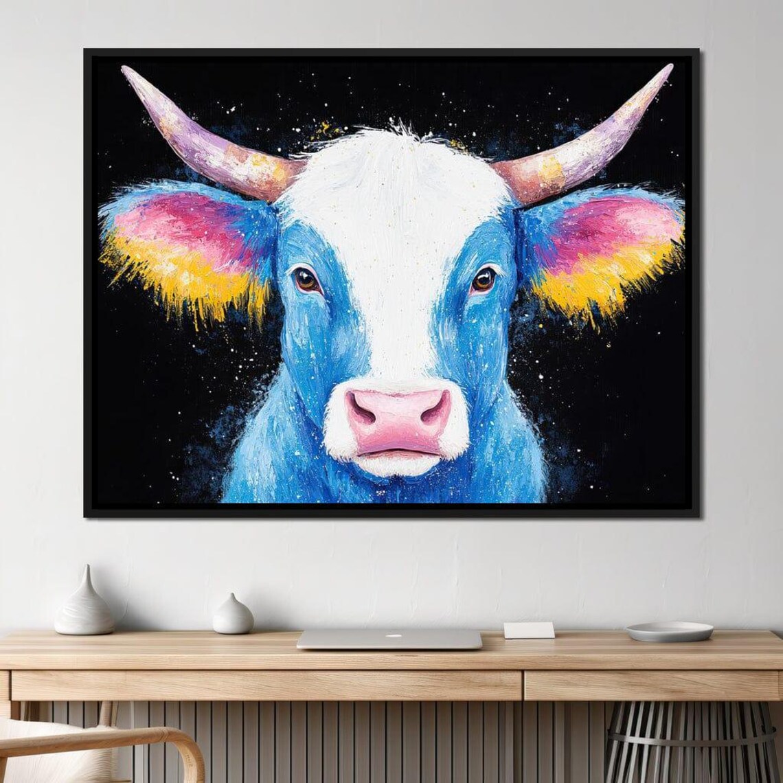 Blue Cow Portrait Rainbow Ears Colorful Pop Animal Art Wall Art Poster - Image 4