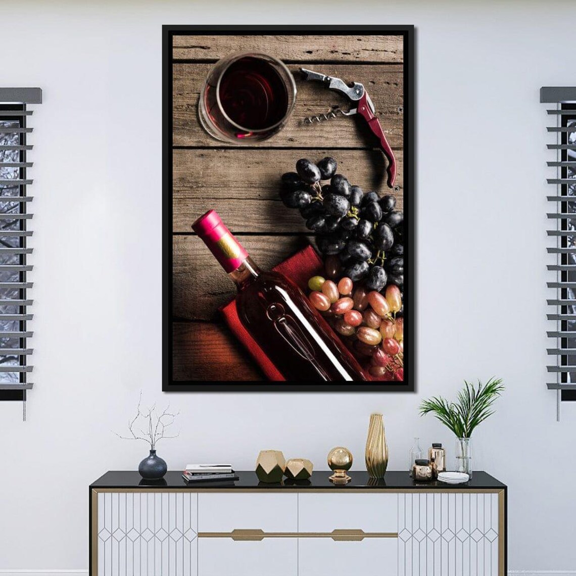 Rustic Wine Still Life Bottle Glass Grapes Corkscrew Wooden Table Poster - Image 2