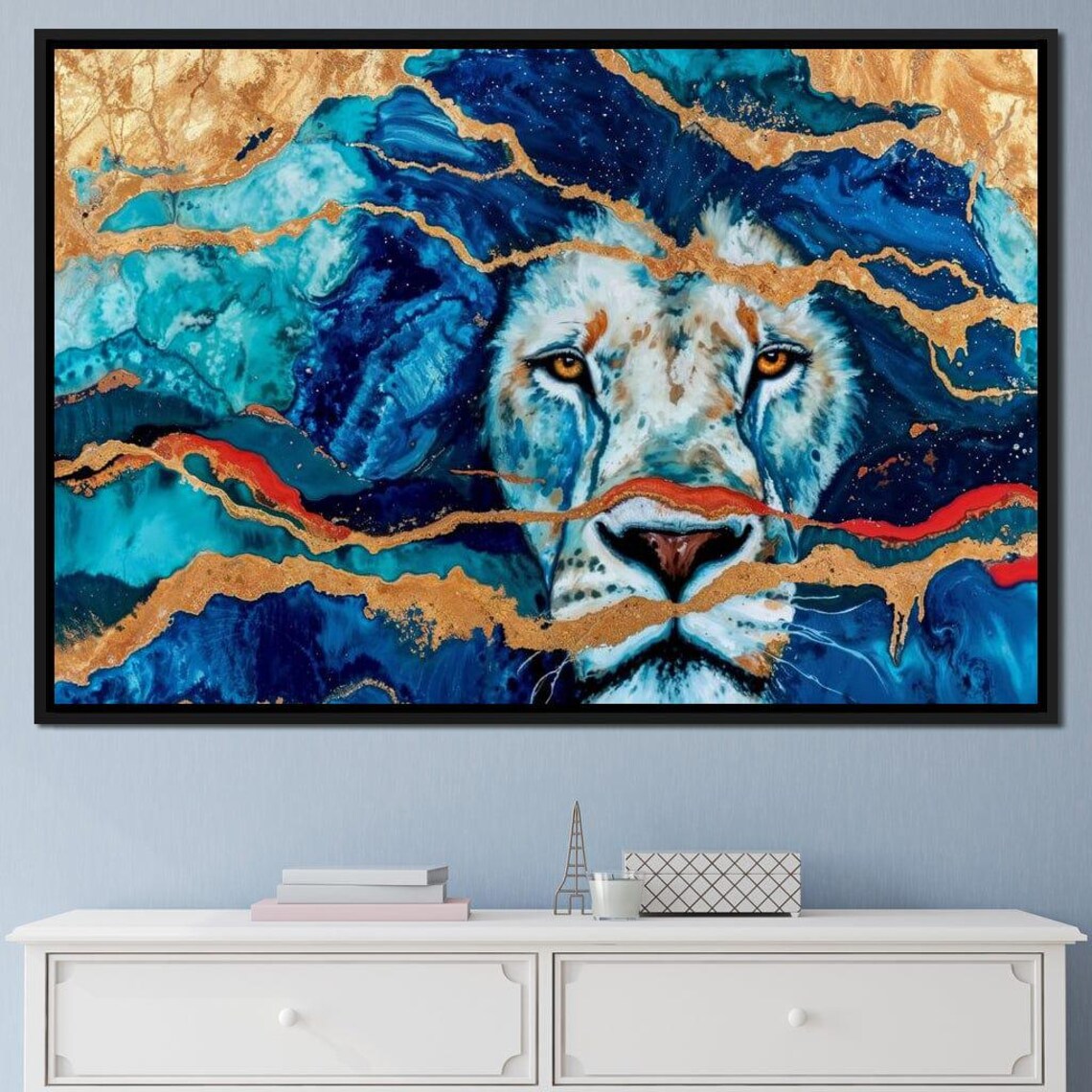 Abstract Lion Face Blue Gold Waves Majestic Wildlife Art Print Decor - Image 4