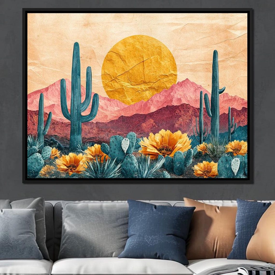 Desert Sunset Saguaro Cacti Blooming Flowers Mountain View Poster - Image 4