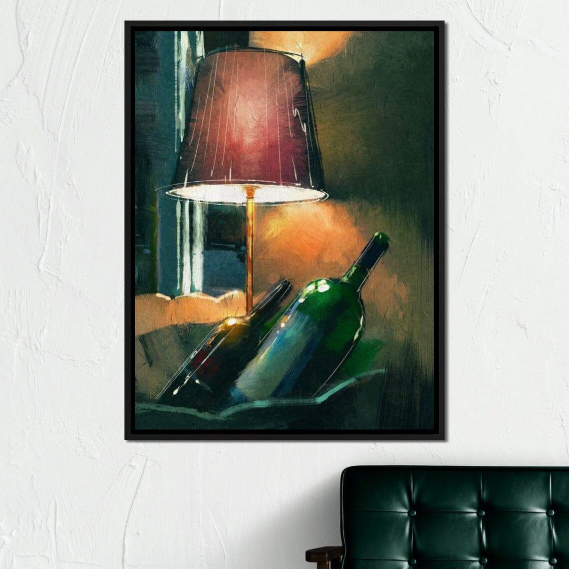 Wine Bottles Warm Lamplight Cozy Evening Painting Romantic Wall Art Print