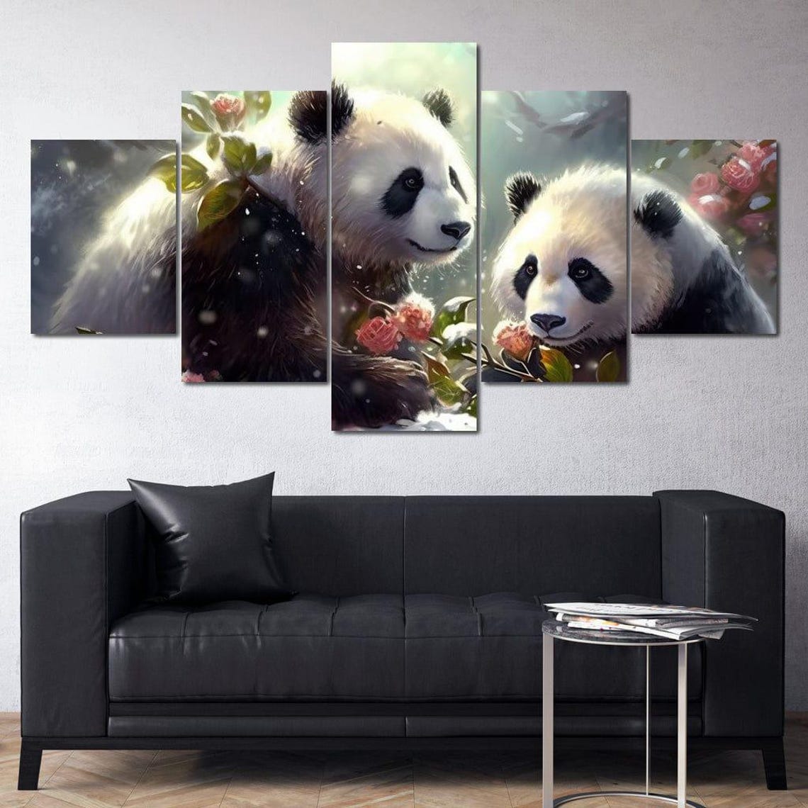 Cute Pandas Winter Blossoms Five Piece Split Canvas Kids Room Poster