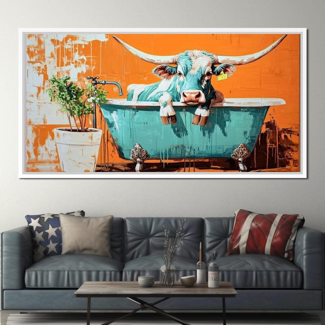 Funny Longhorn in Bathtub Teal Orange Western Bathroom Wall Art Print - Image 2