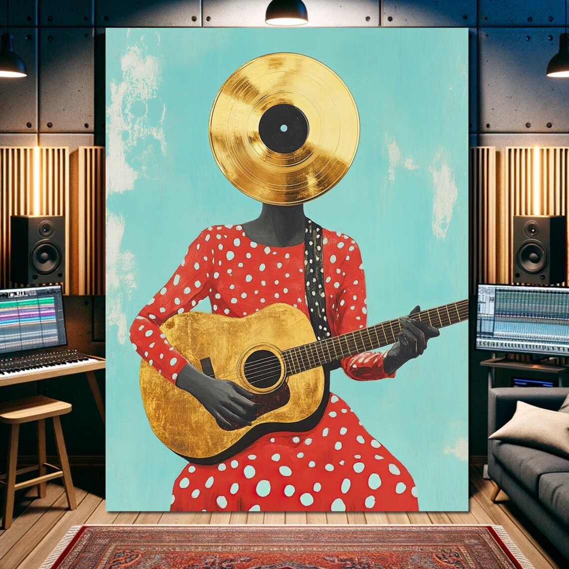 Gold Vinyl Record Head Guitar Player Retro Jazz Surreal Music Art Poster - Image 2