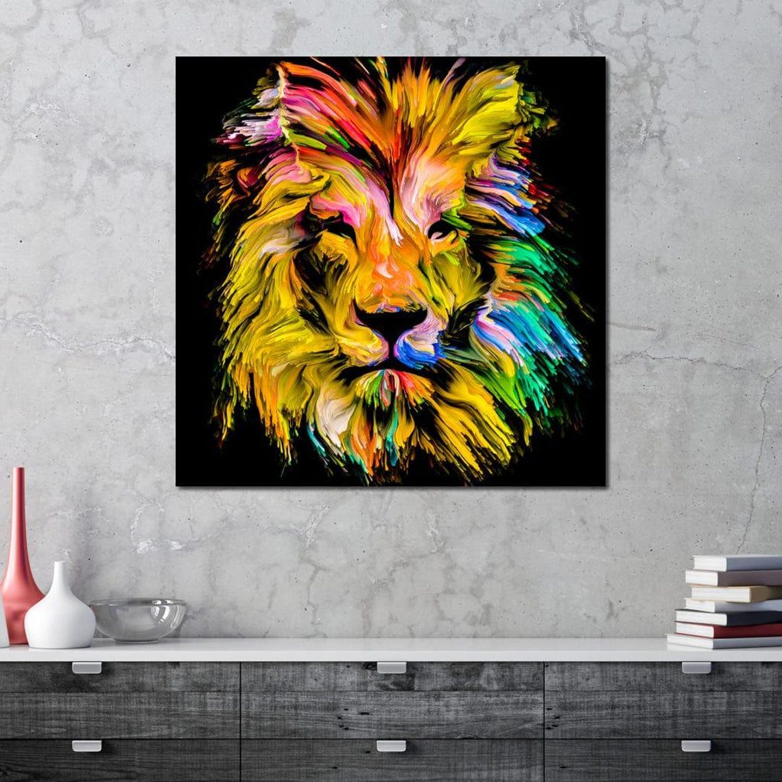 Colorful Abstract Lion Head Vibrant Yellow Mane Black Art Print - Image 3
