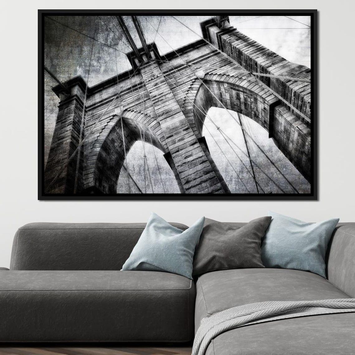 Brooklyn Bridge Stone Tower Arches Black White NYC Architecture Poster