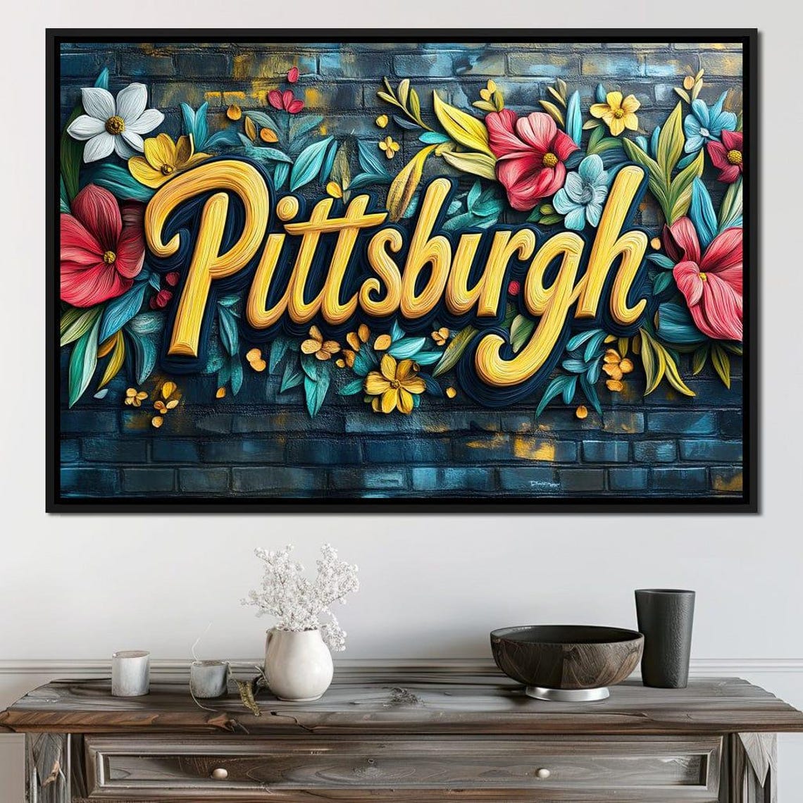 Pittsburgh Yellow Script Floral Mural on Teal Brick Wall Art Poster - Image 4