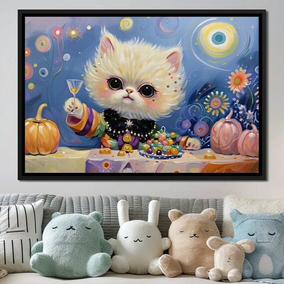 Festive White Kitten Pumpkin Party Colorful Whimsical Kids Wall Art Poster