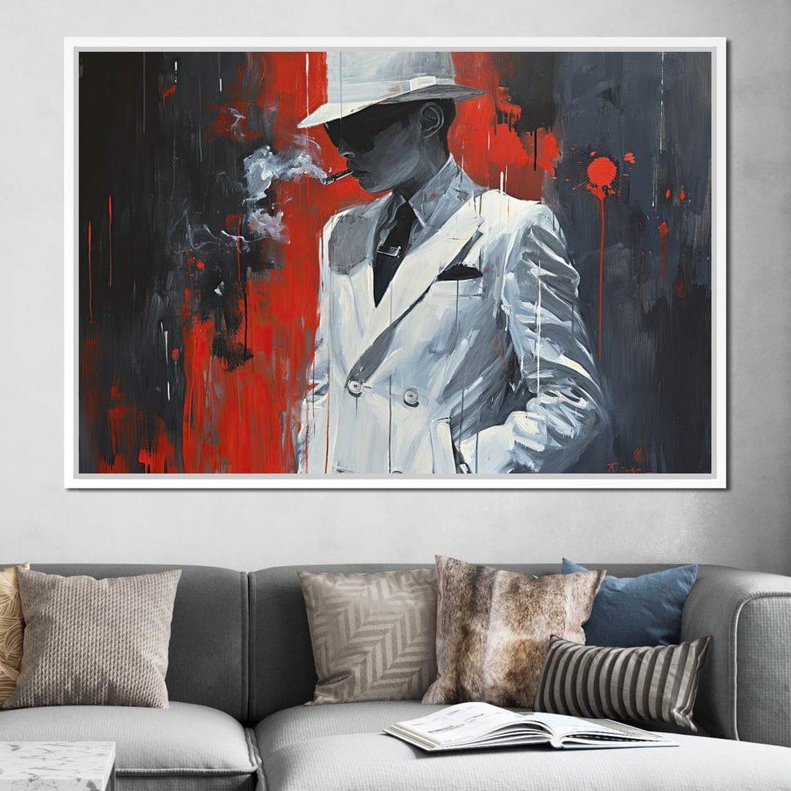 Dapper Man White Suit Fedora Cigar Noir Red Black Urban Portrait Print - Image 4