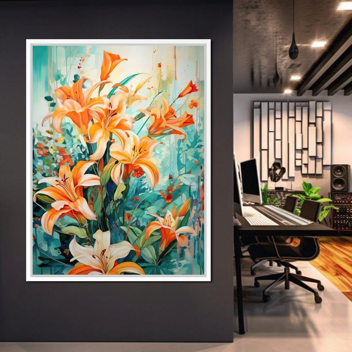 Orange Lilies On Turquoise Background Vibrant Botanical Wall Art Print - Image 3