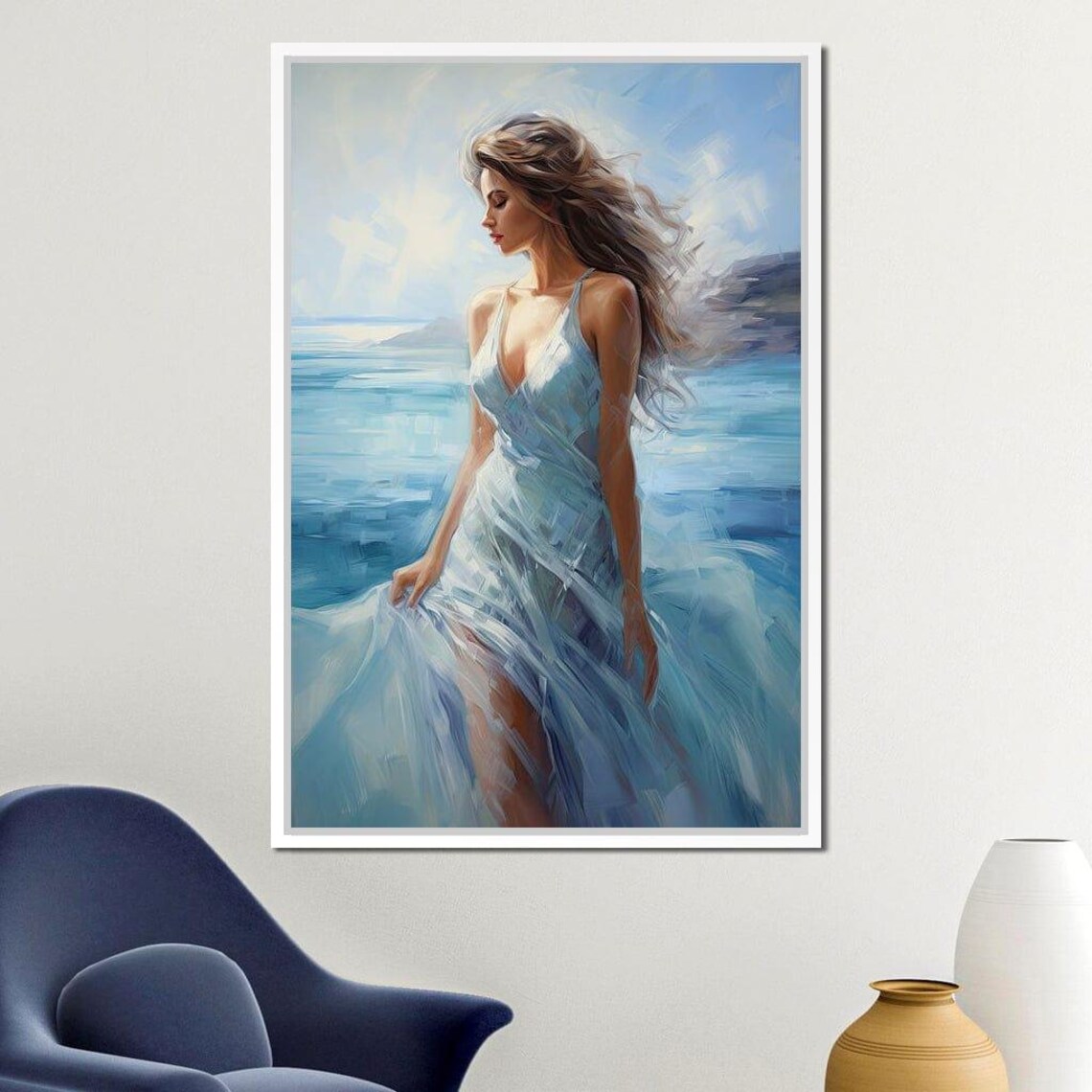 Woman Flowing Blue Dress Ocean Coast Serene Fashion Art Print - Image 2