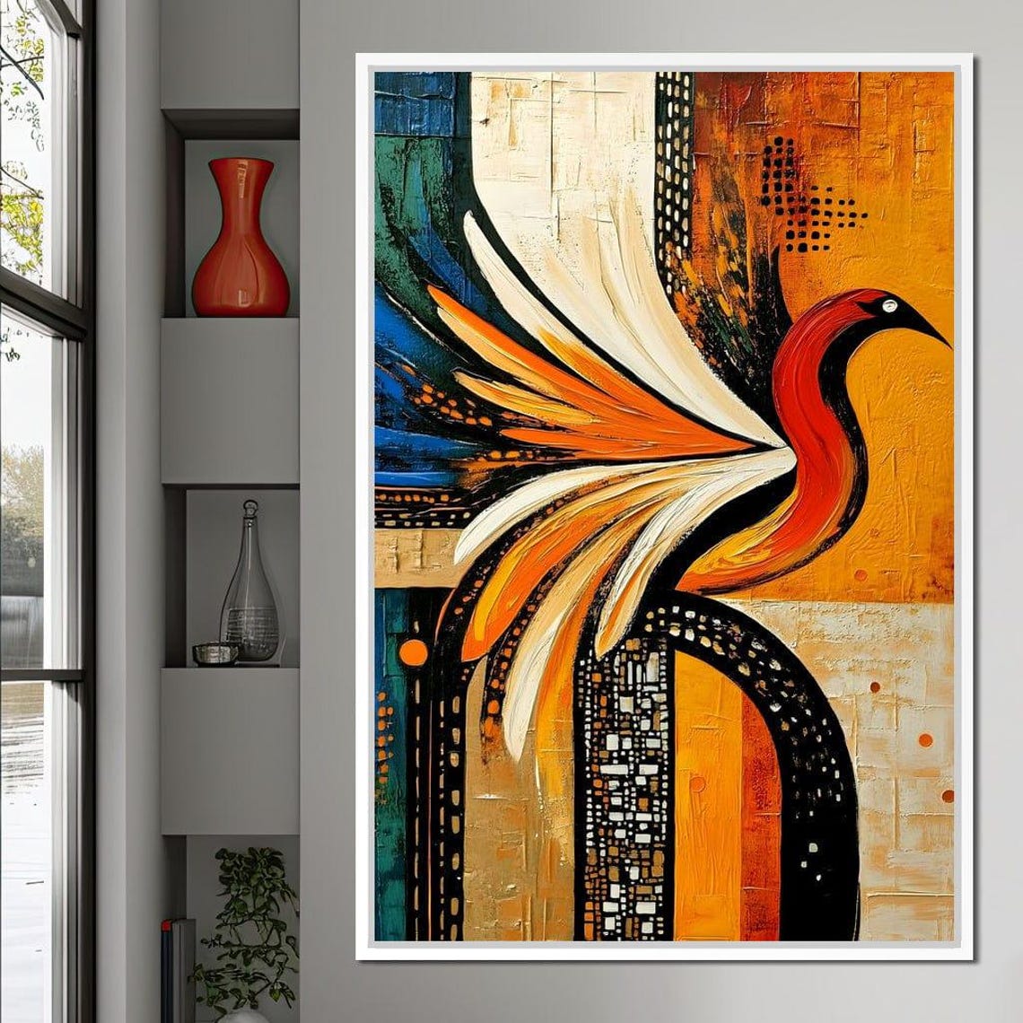 Abstract Phoenix Bird Orange Gold Teal Geometric Mosaic Art Print - Image 3