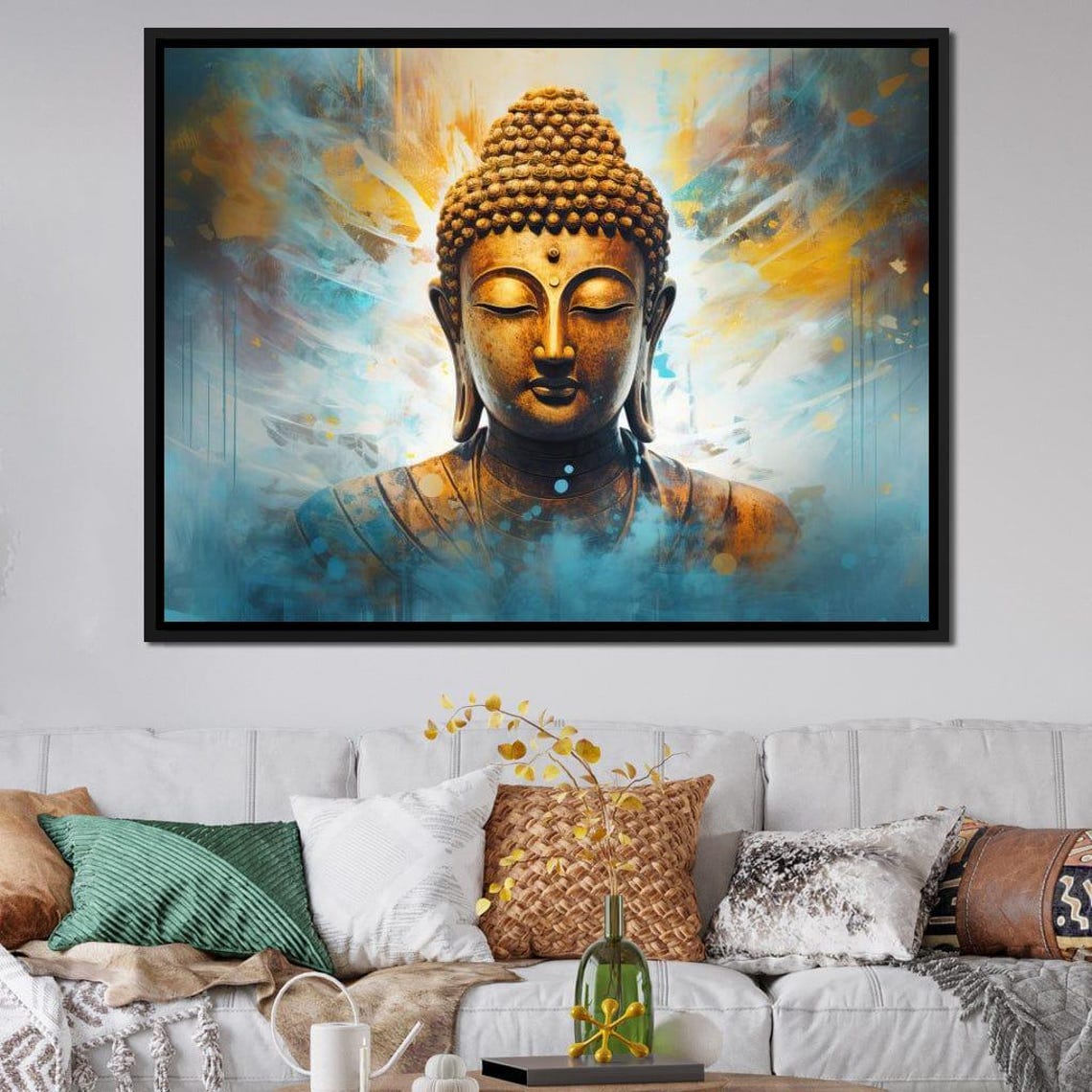 Golden Buddha Head Blue Gold Serene Meditation Spiritual Wall Poster - Image 3