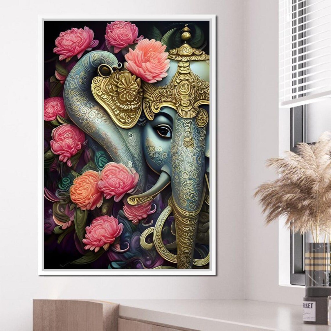 Ganesha Blue Gold Hindu Deity Pink Flowers Floral Spiritual Art Poster - Image 2